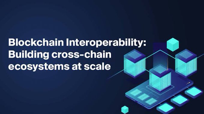 A graphic with the headline "Blockchain Interoperability: Building cross-chain ecosystems at scale" features an illustration of glowing teal server towers connected by lines, visually representing the interconnected networks of Quant, XRP, and XDC interoperability tokens that link banks, blockchains, and digital currencies into a unified financial system.