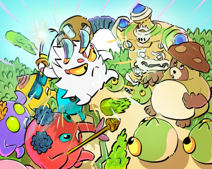 A colorful, cartoonish illustration featuring whimsical fantasy creatures including a bearded figure with a glowing staff, a turtle-like creature, and a red plant-like character in a vibrant green landscape. The playful art style fits the Axie Art Spotlight feature, with the whimsical characters representing the diverse and creative Axie designs that players can enjoy in both PvE and PvP gameplay.