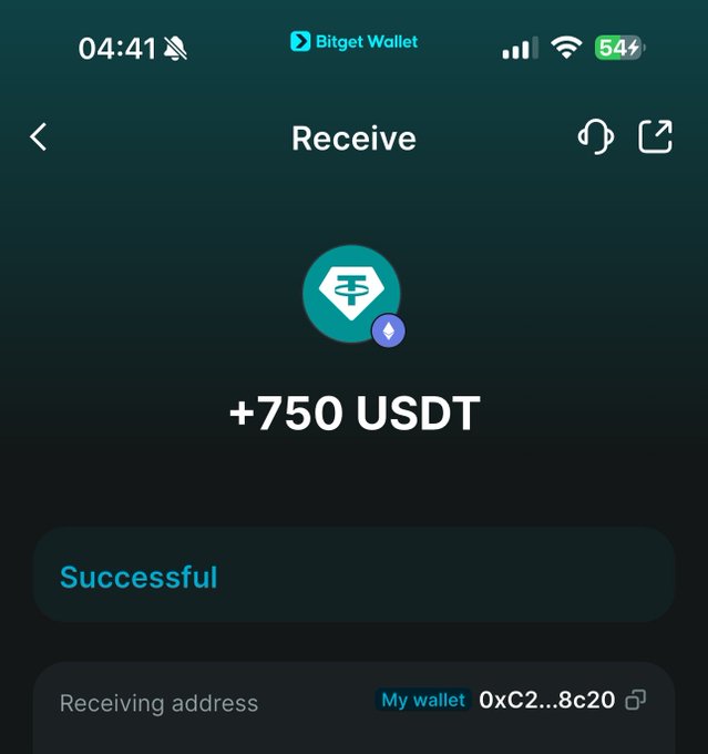 A Bitget Wallet app screen showing a successful receive transaction of '+750 USDT' to a wallet address starting with '0xC2...8c20'.