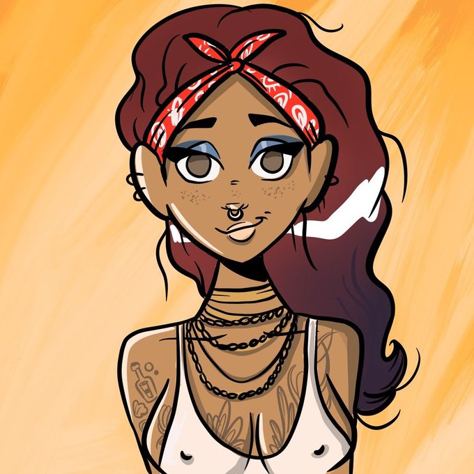 Digital illustration of a young woman with dark skin, freckles, reddish-brown hair styled with a red bandana, blue eyeshadow, facial piercings, layered chain necklaces, and visible tattoos on her shoulder and chest.