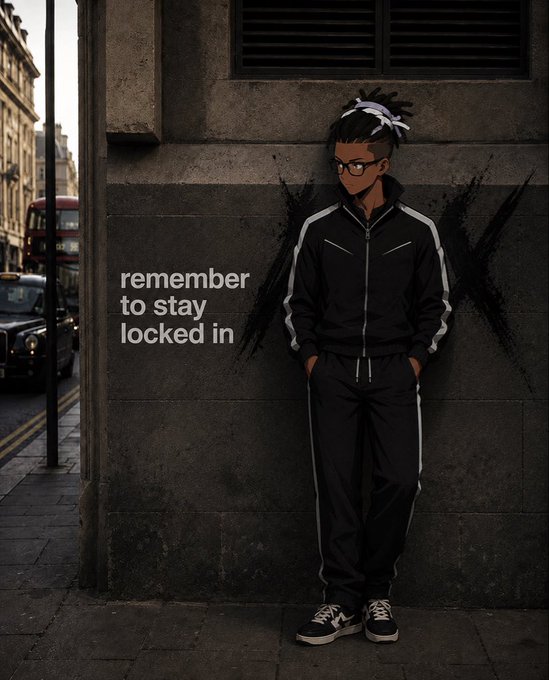 An anime-style young man in a black tracksuit leans against a stone wall on a city street, with the text "remember to stay locked in" beside him.