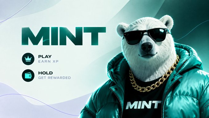 A promotional graphic for 'MINT' featuring a white bear in sunglasses and a green puffer jacket with gold chains, alongside icons reading 'PLAY EARN XP' and 'HOLD GET REWARDED'.