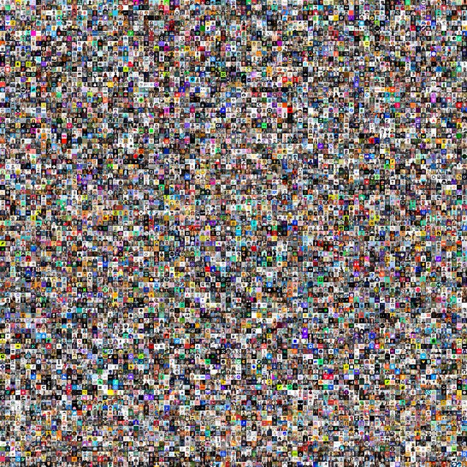 A dense mosaic or collage composed of thousands of tiny, colorful square images packed closely together.