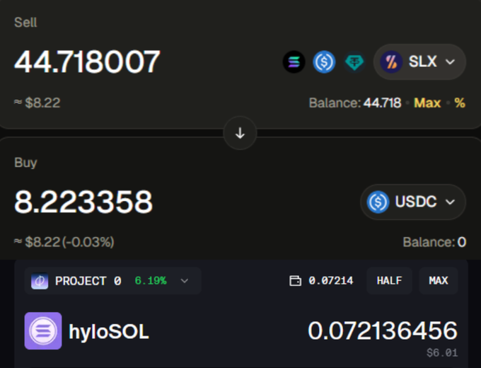 A cryptocurrency exchange interface showing a trade of 44.718 SLX (~$8.22) for 8.223358 USDC, with a panel at the bottom for the 'hyloSOL' PROJECT token at 0.072136456 ($6.01).