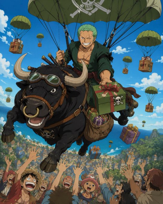 A green-haired anime character (Zoro from One Piece) descends via parachute while riding a flying black bull, tossing gift boxes labeled "GIFT" to a cheering crowd below beneath a Jolly Roger flag. The image ties to the post's "GM" message by depicting an energetic, blessing-style arrival—much like a cheerful morning drop of gifts to the $ANSEM community, with the Black Bull echoing "Black Bull" energy from the post.