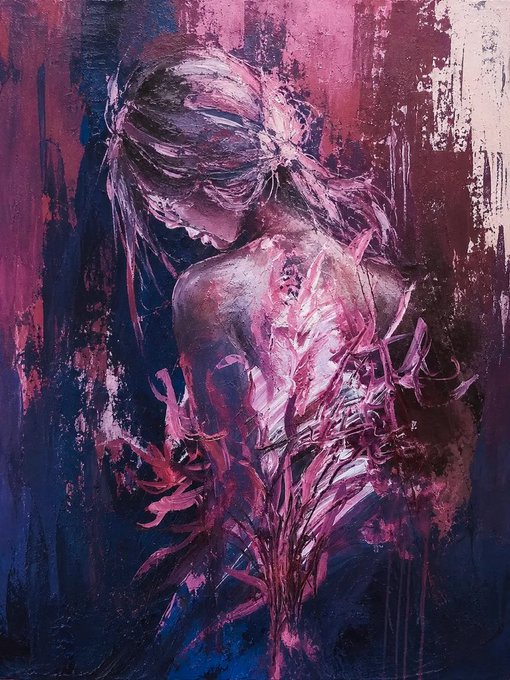 An expressive oil painting of a woman seen from behind, rendered in vibrant magenta, pink, and deep blue tones, with floral/plant elements surrounding her.