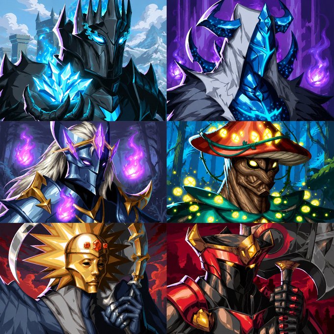A grid of six fantasy character illustrations featuring armored warriors, knights, and a mushroom-like creature with glowing eyes in various magical settings.