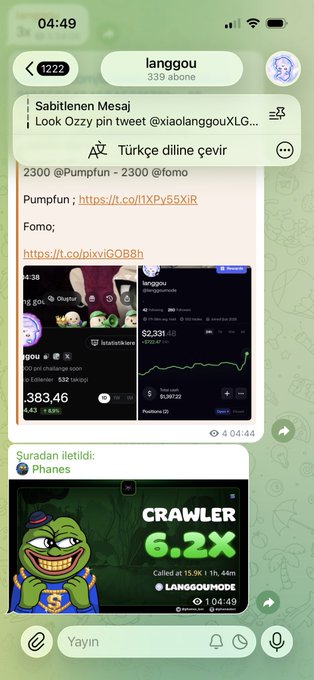 A screenshot from the Telegram messaging app showing a pinned message and translated content related to cryptocurrency trading, displaying pump and dump signals for memecoins like 'Pumpfun' and 'Fomo' with charts and a shared post about a token called 'langgou'.