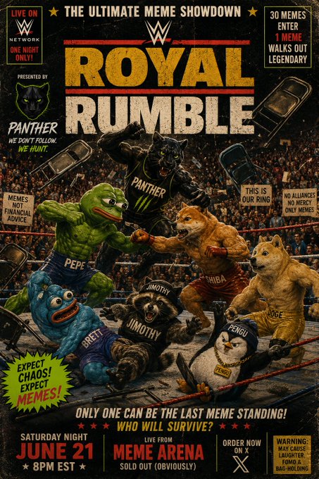 A wrestling event poster titled 'ROYAL RUMBLE' featuring various meme characters including Pepe the Frog, Chiba the dog, Brett the blue creature, Timothy the bear, and Penguin in a wrestling ring, with text reading 'THE ULTIMATE MEME SHOWDOWN' and 'JUNE 21 8PM EST'.