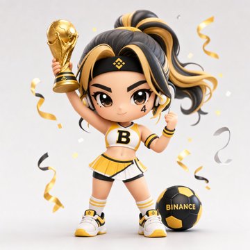 The image features a cartoon girl with a ponytail, dressed as a soccer player holding a trophy. She is standing next to a soccer ball, which has the word "Binance" written on it. The girl appears to be celebrating her victory in a game of soccer by raising her arms and proudly displaying the trophy she won.