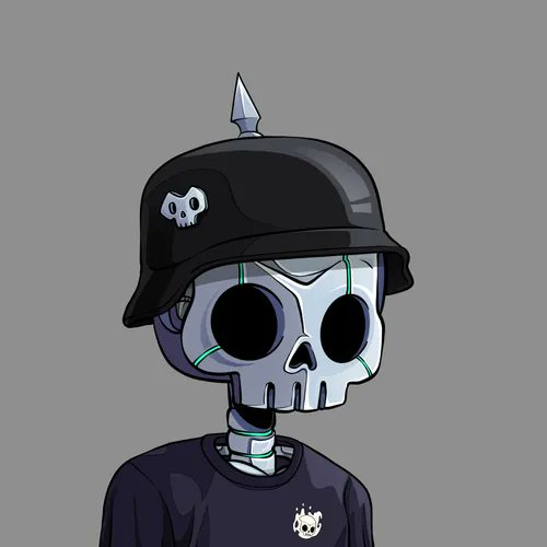 Digital illustration of a robotic skeleton character wearing a black military helmet with a spike and skull emblem, featuring glowing green accents on a gray background.
