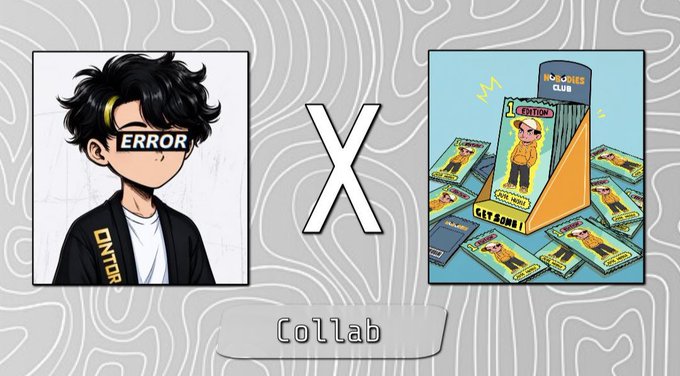 A collaboration graphic featuring an illustrated avatar with "ERROR" over its eyes and a "CNTX" jacket, paired with promotional artwork for "Nobodies Club" trading card NFTs, with "X" between the two images and "collab" written below, announcing a giveaway of 5 guaranteed whitelist spots.