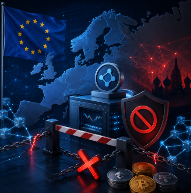 A digital illustration depicting the EU flag alongside cryptocurrency coins and a shield with a prohibition symbol, set against a map of Europe with a red network overlay, suggesting a ban or restriction on crypto.