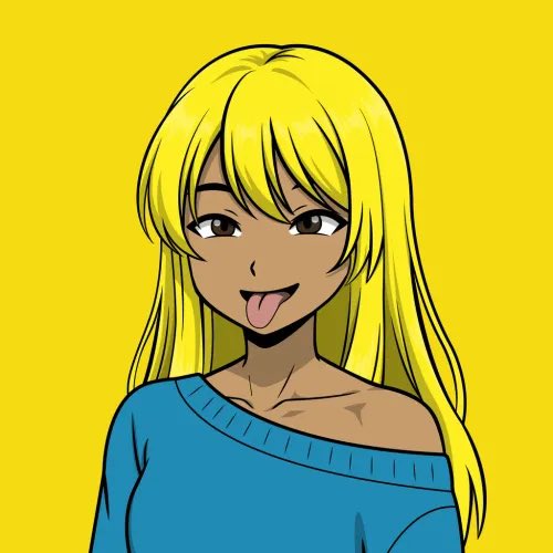 An anime-style illustration of a tanned girl with long blonde hair sticking out her tongue, wearing a blue off-shoulder top against a yellow background.