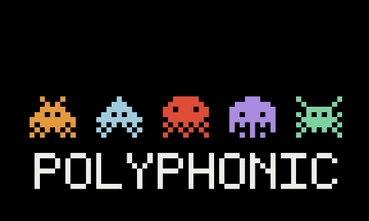 A retro-style pixel art logo for 'POLYPHONIC' featuring colorful Space Invaders-style alien characters.