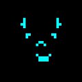 A pixel art face with a sad, downturned mouth and blank eyes rendered in cyan against a black background. The image appears to be a variation from a creator responding to feedback, likely one of the "3 variations" offered after a redesign attempt.