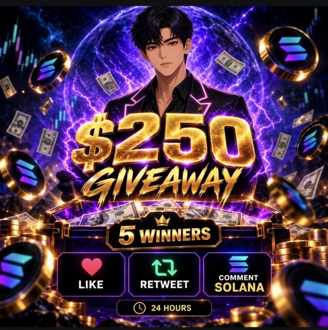 A vibrant digital graphic advertises a '$250 GIVEAWAY' with '5 WINNERS', featuring an anime-style male character surrounded by floating money, gold coins, and Solana cryptocurrency logos, with instructions to LIKE, RETWEET, and COMMENT SOLANA within 24 HOURS.