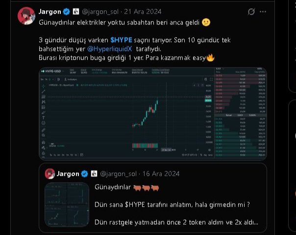 The image features a Twitter feed from a person named Jaron who works as an electrician. In the post, there are two separate tweets displayed next to each other. One of these tweets is in Turkish, talking about a stock chart that shows the price of a company's shares increasing rapidly over time. The second tweet is also made in Turkish and seems to be directed towards another person, who Jaron identifies as a friend on Twitter. 

The conversation between Jaron and this friend appears to be light-hearted and playful, with both individuals sharing humorous content related to the stock chart. While I cannot read the original message sent by Jaron, it is clear that their interaction is focused on discussing or amusing themselves about the price increase in the company's shares on Twitter.