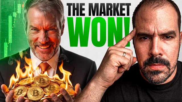 A YouTube thumbnail featuring two men, one holding burning Bitcoin coins with the text 'THE MARKET WON!' displayed prominently.