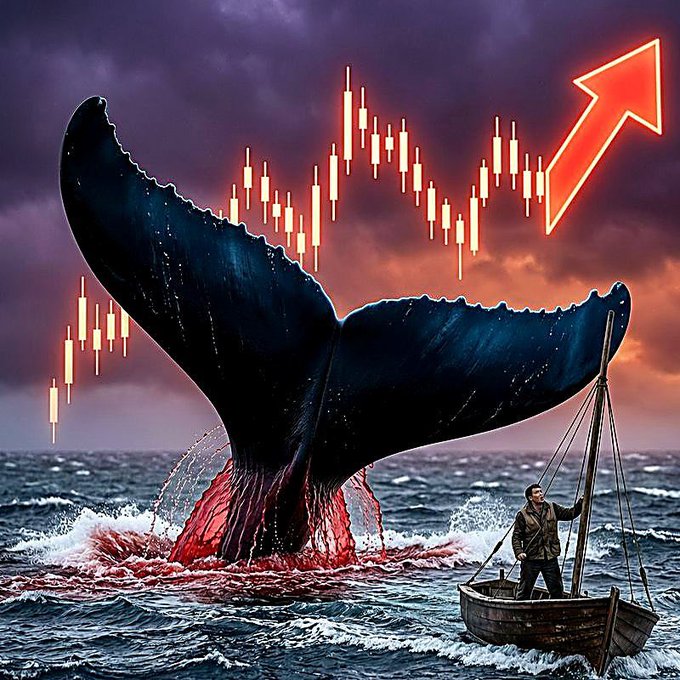 A dramatic illustration shows a large whale's tail emerging from bloodied ocean waters alongside a small boat, with a candlestick chart and an upward red arrow overlaid in the sky—symbolizing the massive sell-off and ongoing market pressure on the HYPE token, as the post details over $110 million withdrawn by a whale still holding ~970k HYPE.