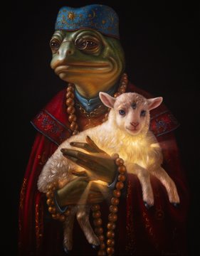 A digital painting of a frog dressed in religious robes and a blue cap, holding a glowing baby goat in its hands.