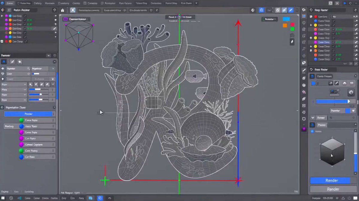 A computer screen displaying a 3D design of a snake with a green head and red body, accompanied by arrows pointing at specific parts. Below the snake graphic, there's text that appears to be about coral reefs or underwater creatures, possibly related to the snake in some way.