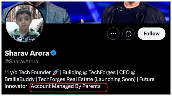 A Twitter profile for "Sharav Arora" (@SharavArora), described as an "11 y/o Tech Founder" building TechForges and CEO of BrailleBuddy, with a red highlight around the bio text "Account Managed By Parents" — illustrating the accusation that adults are using their child to promote and launch a memecoin token.