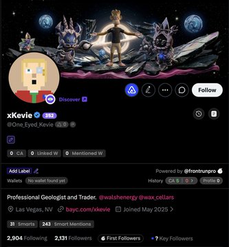 Twitter/X profile page for 'xKevie' (@One_Eyed_Kevie), a Professional Geologist and Trader based in Las Vegas, NV with 2,904 following and 2,131 followers, joined May 2025.