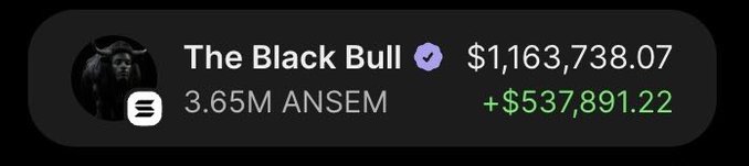 The image shows a profile for "The Black Bull" (verified) with a $1,163,738.07 balance, 3.65M ANSEM holdings, and a gain of +$537,891.22. It appears to be showcasing impressive crypto earnings to lend credibility and hype to the airdrop announcement in the post, which is soliciting Solana wallet addresses and engagement.