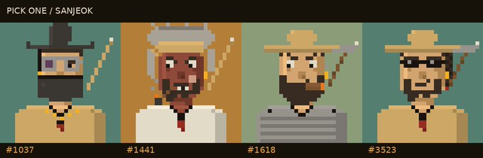 A "PICK ONE / SANJEOK" voting graphic displays four pixel-art character portraits labeled #1037 (black-hatted, bearded man), #1441 (gray-haired, white-clad figure), #1618 (straw-hatted, striped-shirt smoker), and #3523 (straw-hatted, goggled character), inviting viewers to reply with a number to select their favorite Sanjeok candidate for the empty seat.