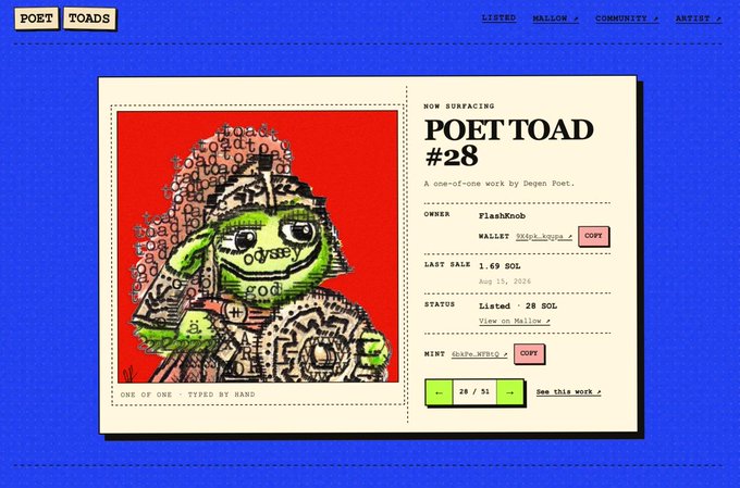 A webpage for 'POET TOADS' displaying 'POET TOAD #28', a one-of-one artwork by Depen Poet, showing a green toad figure with text on a red background.