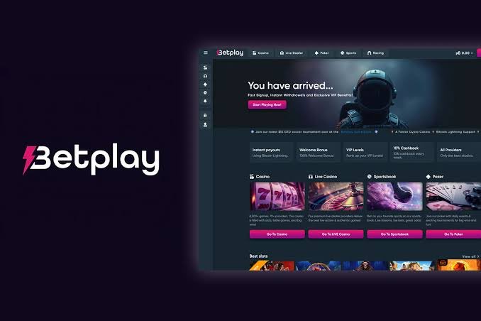 A promotional image for Betplay online casino featuring the text 'You have arrived...' along with sections for Casino, Live Dealer, Poker, Sports, and Racing, and feature highlights like 'Instant payouts', 'Welcome Bonus', and '10% Cashback'.