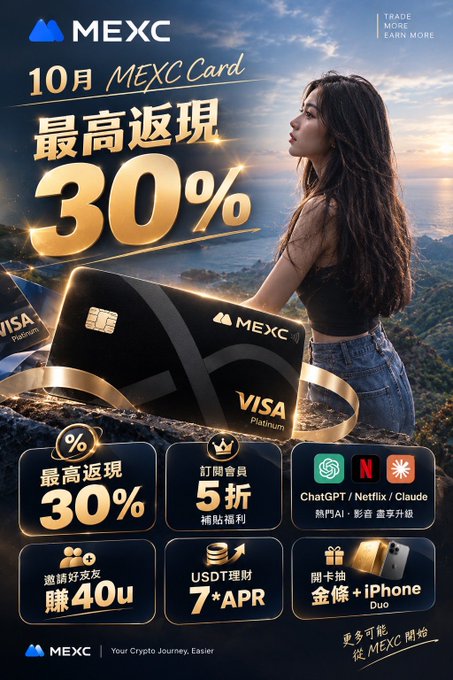 MEXC Card October promotion ad offering up to 30% cashback, featuring a 5% subscription discount for premium members, popular streaming services like ChatGPT/Netflix/Claude, up to 40 USDT referral rewards, 7% APR USDT yields, and rewards like a gold bar and iPhone Duo.