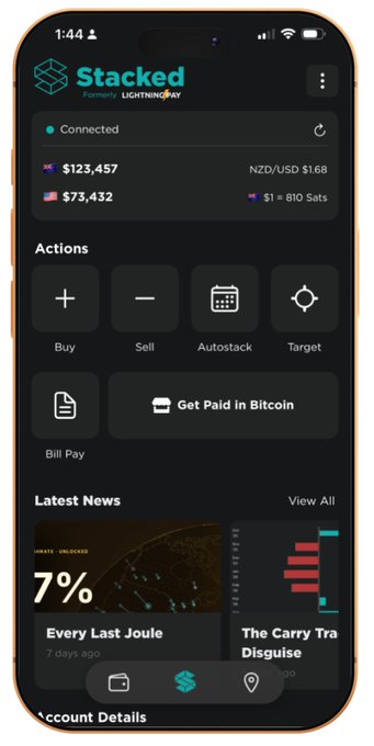 The image shows a smartphone screen displaying information about a new feature called @stacked_bitcoin, which allows users to connect their bank accounts directly to Bitcoin transactions. The phone's home screen features a menu with various options related to Bitcoin transactions, such as "Connected", "Connected to Bitcoin", and "Autocash". The post suggests that this feature is being tested for the first time in 10s, indicating that it might be relatively new or still in development.