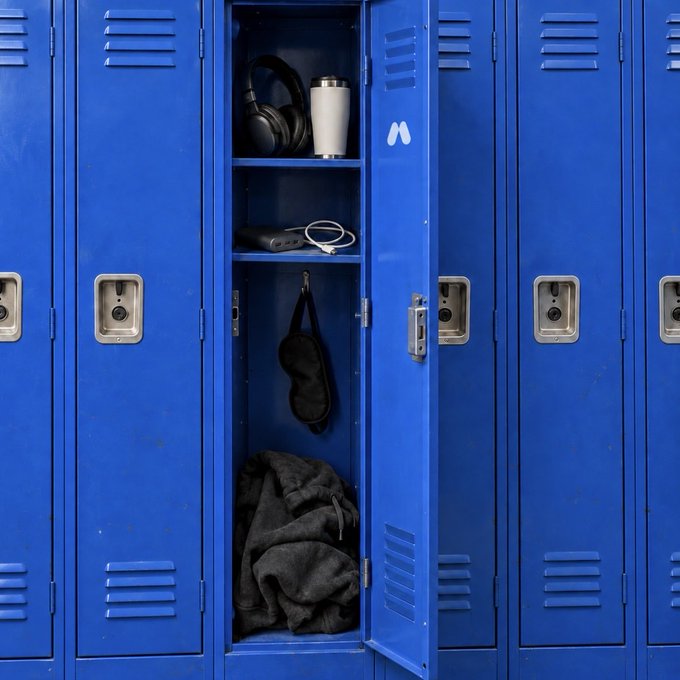 An open blue locker reveals a trader's survival kit containing over-ear headphones, a white tumbler, a power bank with charging cable, a hanging eye mask, and a hoodie—suggesting the missing piece is a laptop for actual trading work.