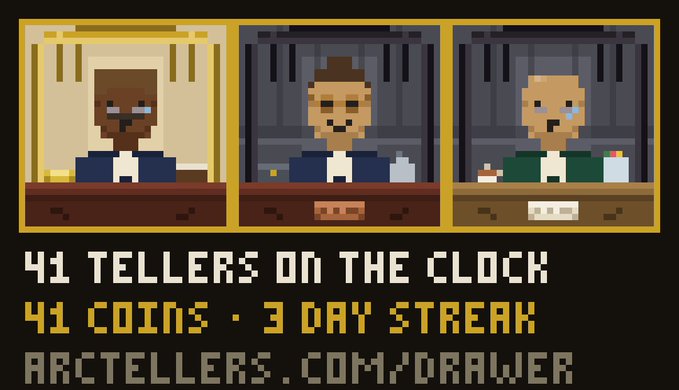 A pixel art promotional graphic for ArcTellers featuring three diverse bank teller characters behind counters, with text reading '41 TELLERS ON THE CLOCK, 41 COINS · 3 DAY STREAK, ARCTELLERS.COM/DRAWER'.