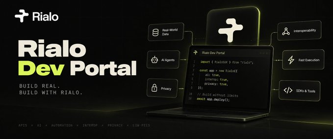 A promotional banner for the 'Rialo Dev Portal' featuring a laptop displaying code, with features like Real-World Data, AI Agents, Privacy, Interoperability, Fast Execution, and SDKs & Tools.