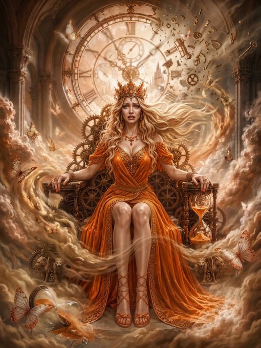 A fantasy illustration of a queen wearing a crown and an orange dress, sitting on a throne in front of a large clock, surrounded by gears, clouds, butterflies, and an hourglass.