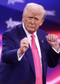 Former President Donald Trump gestures with both hands raised, wearing a navy blue suit and bright red tie, at what appears to be a rally or political event with a patriotic red, white, and blue backdrop. The image illustrates the context of the post about Trump's "campaign blitz" efforts to defend the GOP Senate majority amid shifting midterm odds.