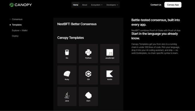 A website screenshot for Canopy, a blockchain platform featuring 'NestBFT: Better Consensus' and Canopy Templates supporting languages like Go, Python, JavaScript, Ruby, C#, Kotlin, Java, and Dart.