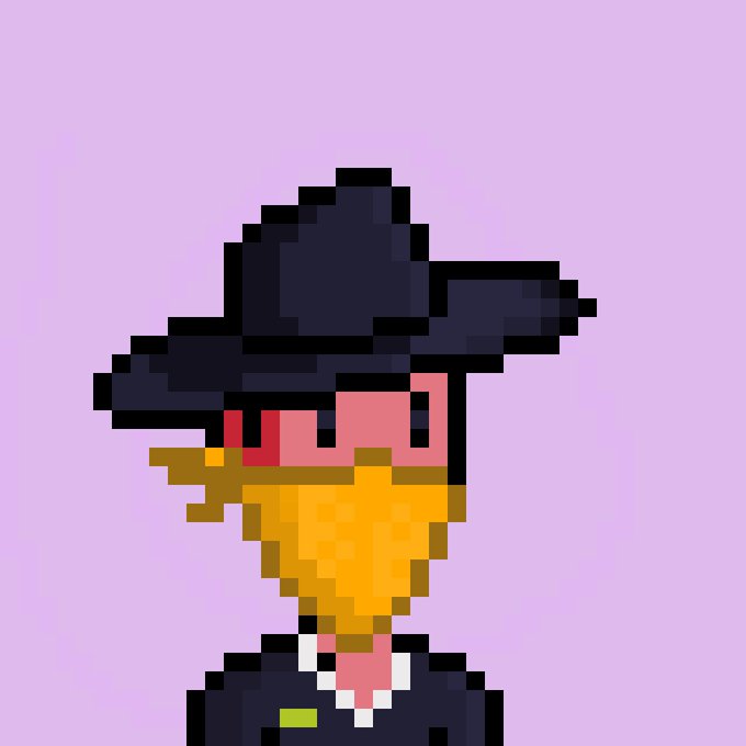 A pixel art character wearing a wide-brimmed black hat against a lavender background, presented as an NFT-style digital portrait that complements the "gm nfts" greeting from the poster.