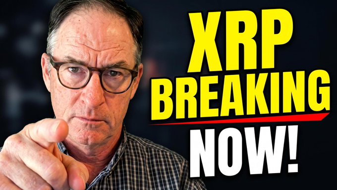 A YouTube-style thumbnail featuring an older man with glasses pointing at the camera alongside bold yellow text on a black background reading 'XRP BREAKING NOW!'.