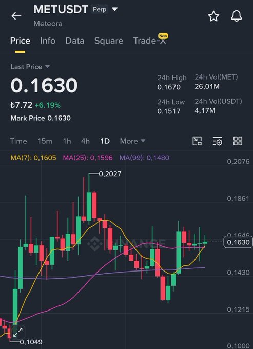 A Binance trading chart for 'METUSDT Perp' (Meteora) showing a last price of 0.1630 with a 6.19% increase, displaying candlestick patterns and moving averages.