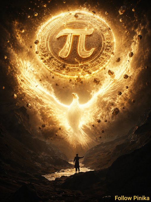 A fantasy digital artwork featuring a glowing golden phoenix-like figure with a large pi (π) symbol in a circular emblem above it, while a silhouetted figure stands below looking up, with 'Follow Pinika' text in the corner.