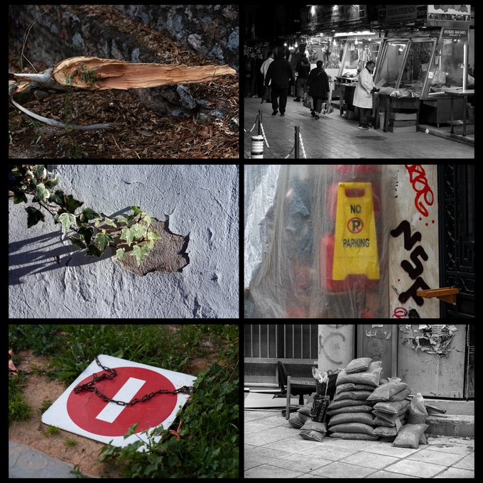 A collage of six photographs showing various urban scenes: a fallen tree, a market, a hole in a wall, a 'No Parking' sign, a chained no-entry sign, and sandbags.
