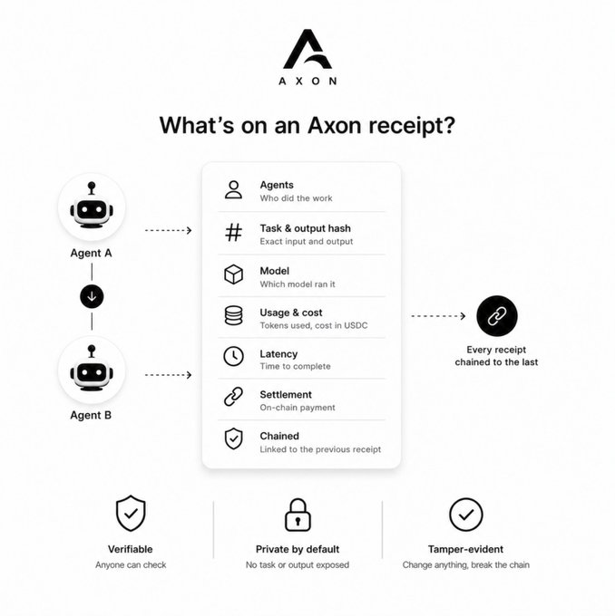 An infographic titled "What's on an Axon receipt?" explaining the components of an Axon receipt, including Agents, Task & output hash, Model, Usage & cost, Latency, Settlement, and Chained status, with features labeled as Verifiable, Private by default, and Tamper-evident.