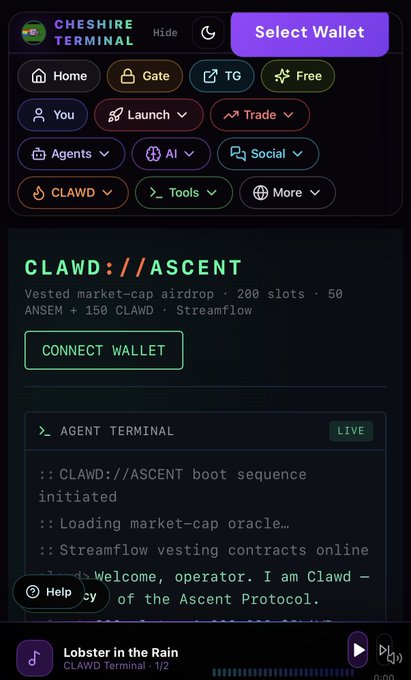 A screenshot of the Cheshire Terminal interface showing the CLAWD://ASCENT section with a 'CONNECT WALLET' button, terminal text indicating boot sequence and market-cap oracle loading, and a 'Lobster in the Rain' music player at the bottom.
