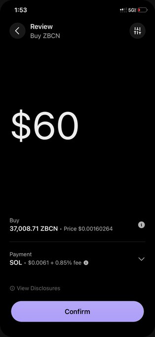 A screenshot showing a crypto purchase review screen on a mobile app, confirming a $60 buy of 37,008.71 ZBCN tokens (Zebec Network) paid with SOL, with details including the 0.85% fee. This corresponds to the post's celebration of buying and staking a "dip" in ZBCN tokens, leveraging the low prices to acquire a large quantity of tokens.