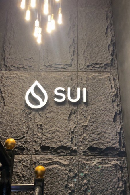 The illuminated "SUI" logo mounted on a textured stone wall represents the Sui blockchain brand, aligning with the post celebrating Sui's milestone of hitting 2,320 transactions per second (TPS) as a sign of impending growth toward "Valhalla." The sleek, professional branding in the image reinforces the project's forward momentum and execution capabilities highlighted in the message.