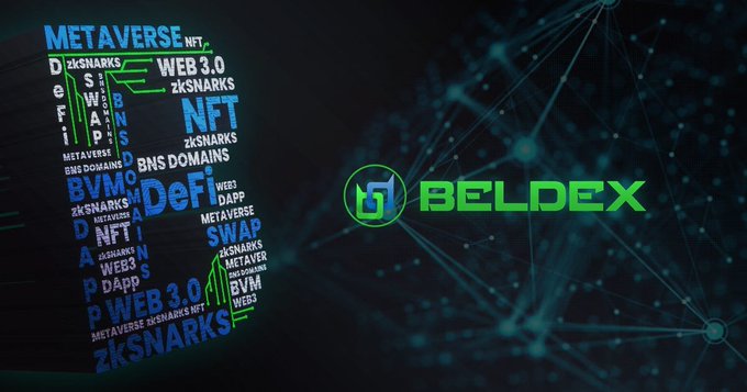 A digital banner for BELDEX with a word cloud featuring cryptocurrency and tech terms like METAVERSE, NFT, zkSNARKS, BVM, DeFi, BNS DOMAINS, SWAP, and WEB 3.0.